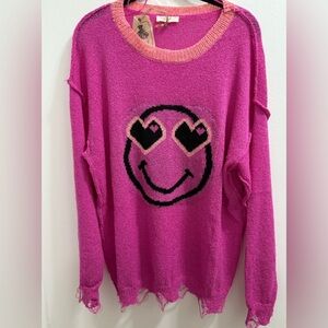 Easel Hot Pink heart eyes smiley distressed sweater